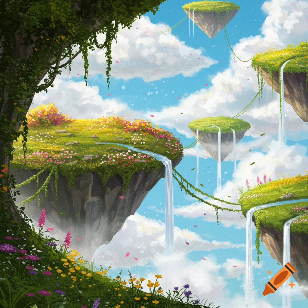 Fantasy landscape with floating islands, waterfalls, lush greenery, and colorful flowers under a bright blue sky with clouds.