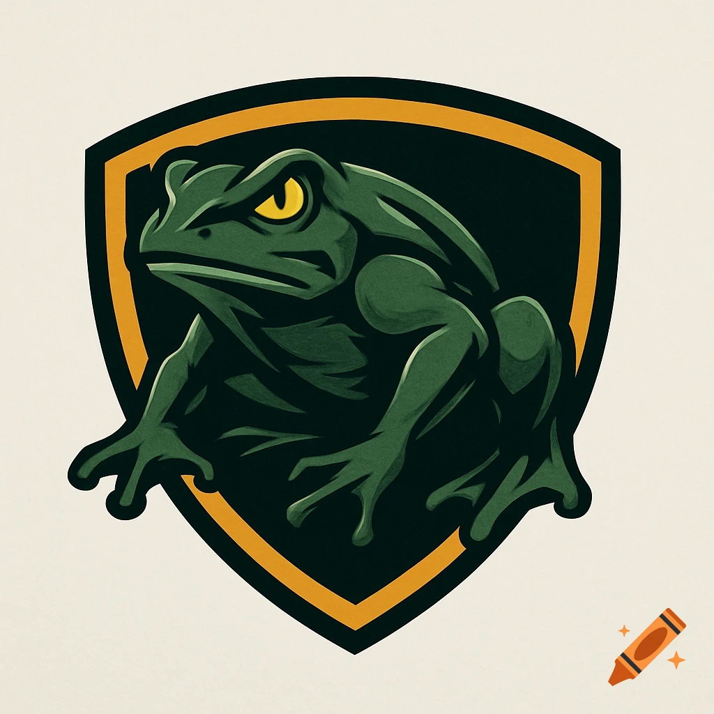 A fierce green frog with yellow eyes inside a gold and black shield logo, on a light background.