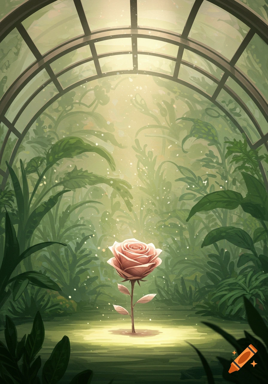 An illustrative vertical shot of a single pink rose illuminated by light, standing in a lush greenhouse with an arched glass ceiling.