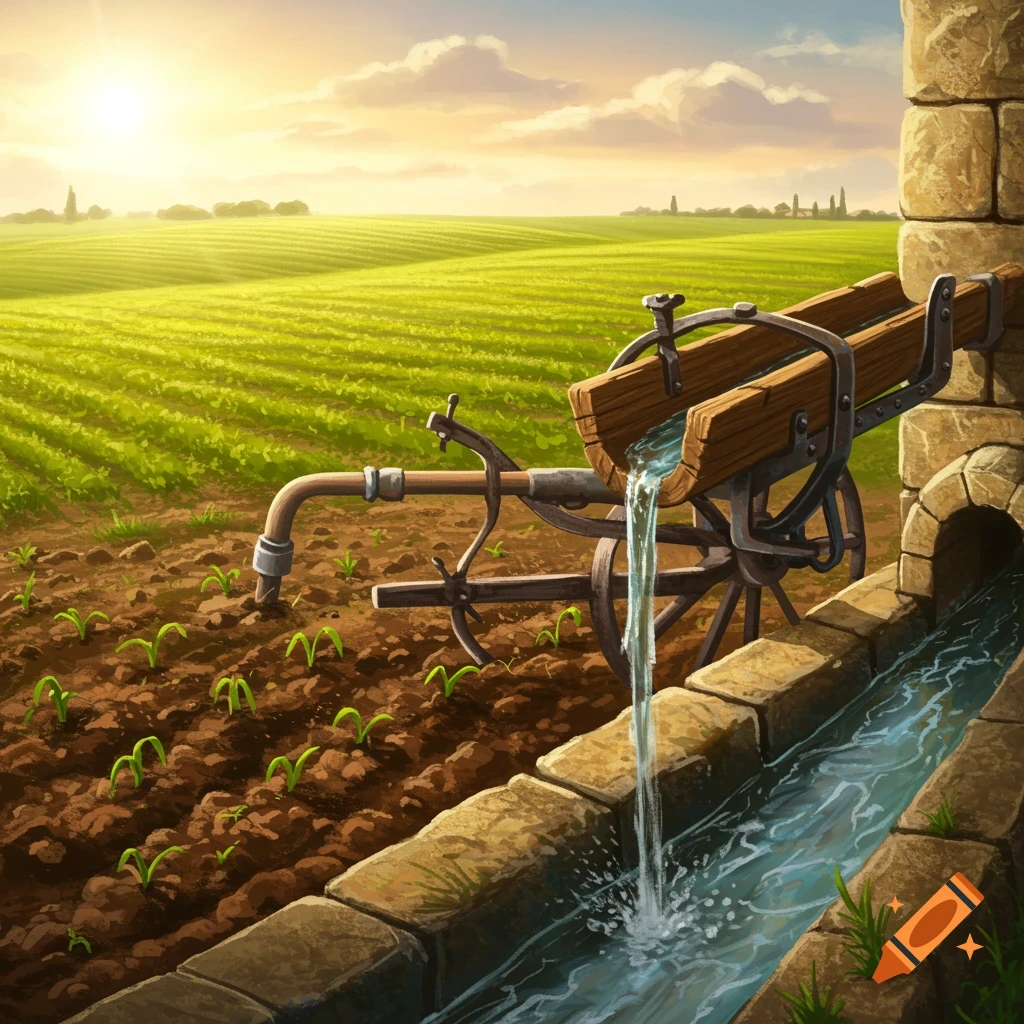 A stylized illustration of an old-fashioned wooden irrigation tool watering a field of crops under a bright sunset.