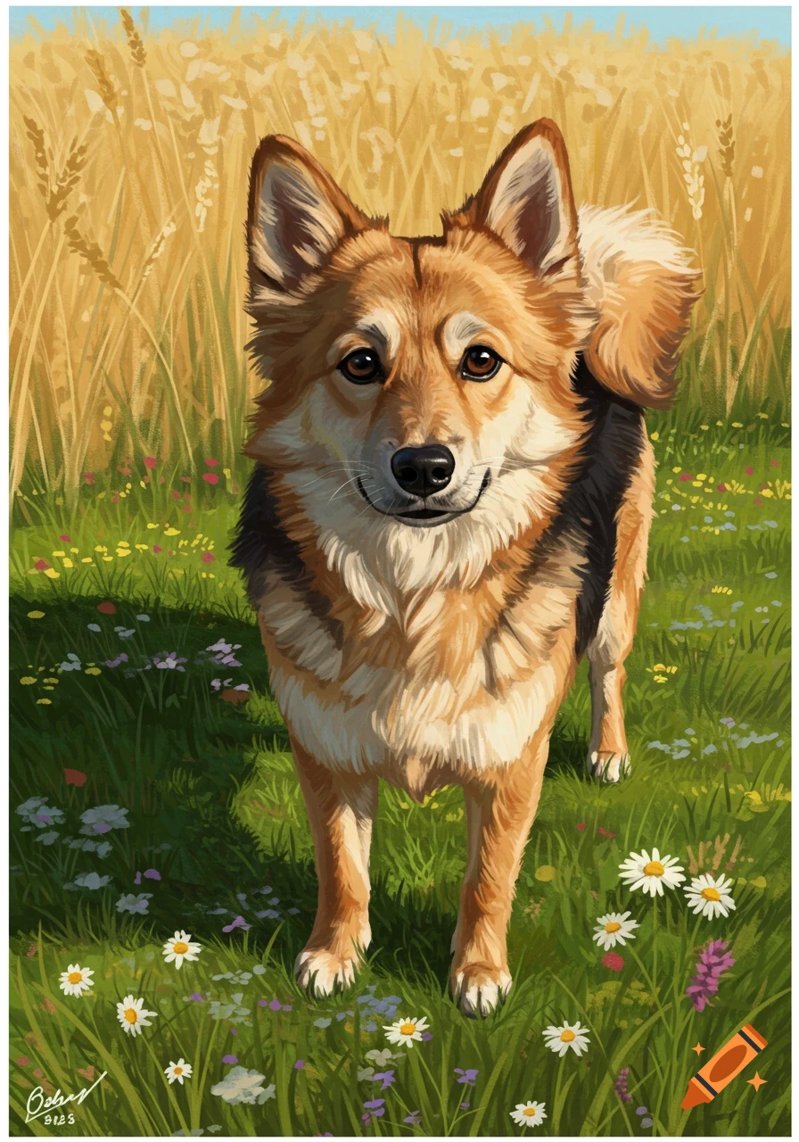 A digital painting of a cute brown and black dog standing in a field of green grass, yellow wheat, and colorful wildflowers under a blue sky.