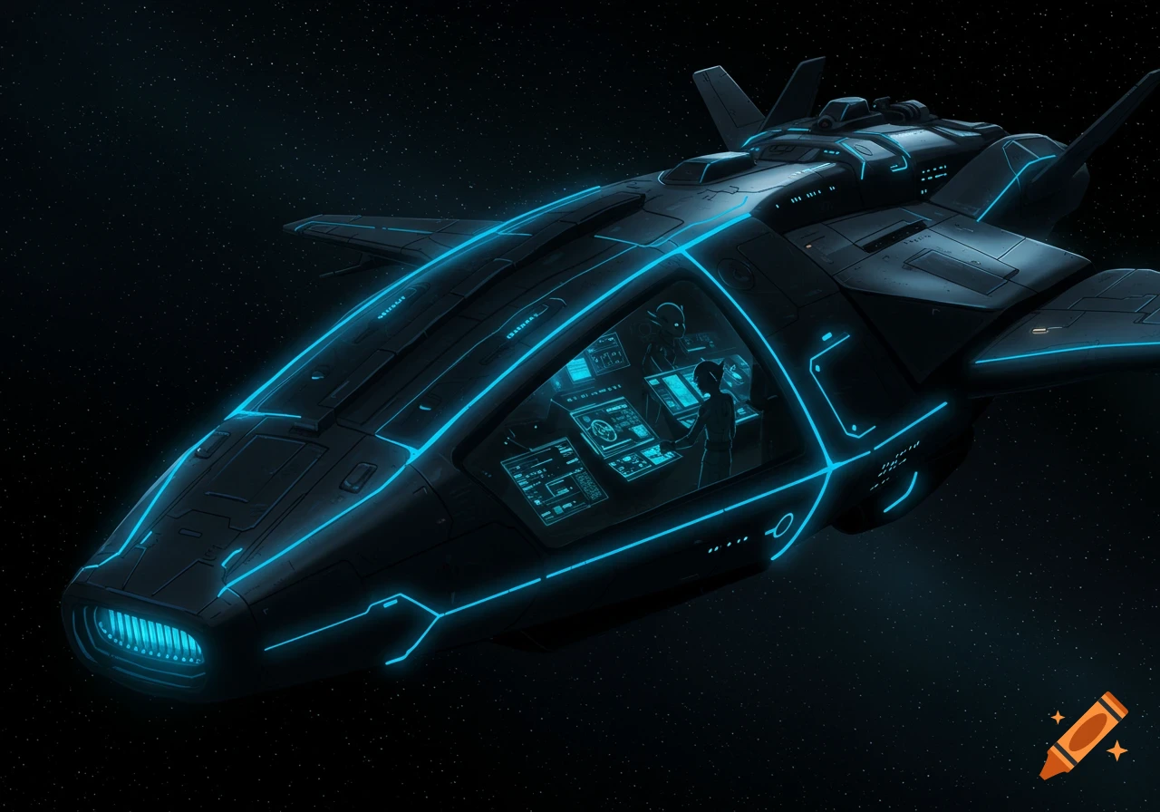 A dark sci-fi anime style black spaceship cockpit with glowing blue lights flying through space.
