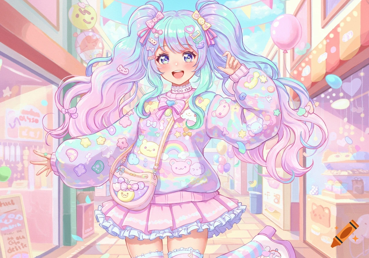 A cute anime girl with pastel rainbow hair, wearing a decora fashion sweater and skirt, smiling in a colorful street.
