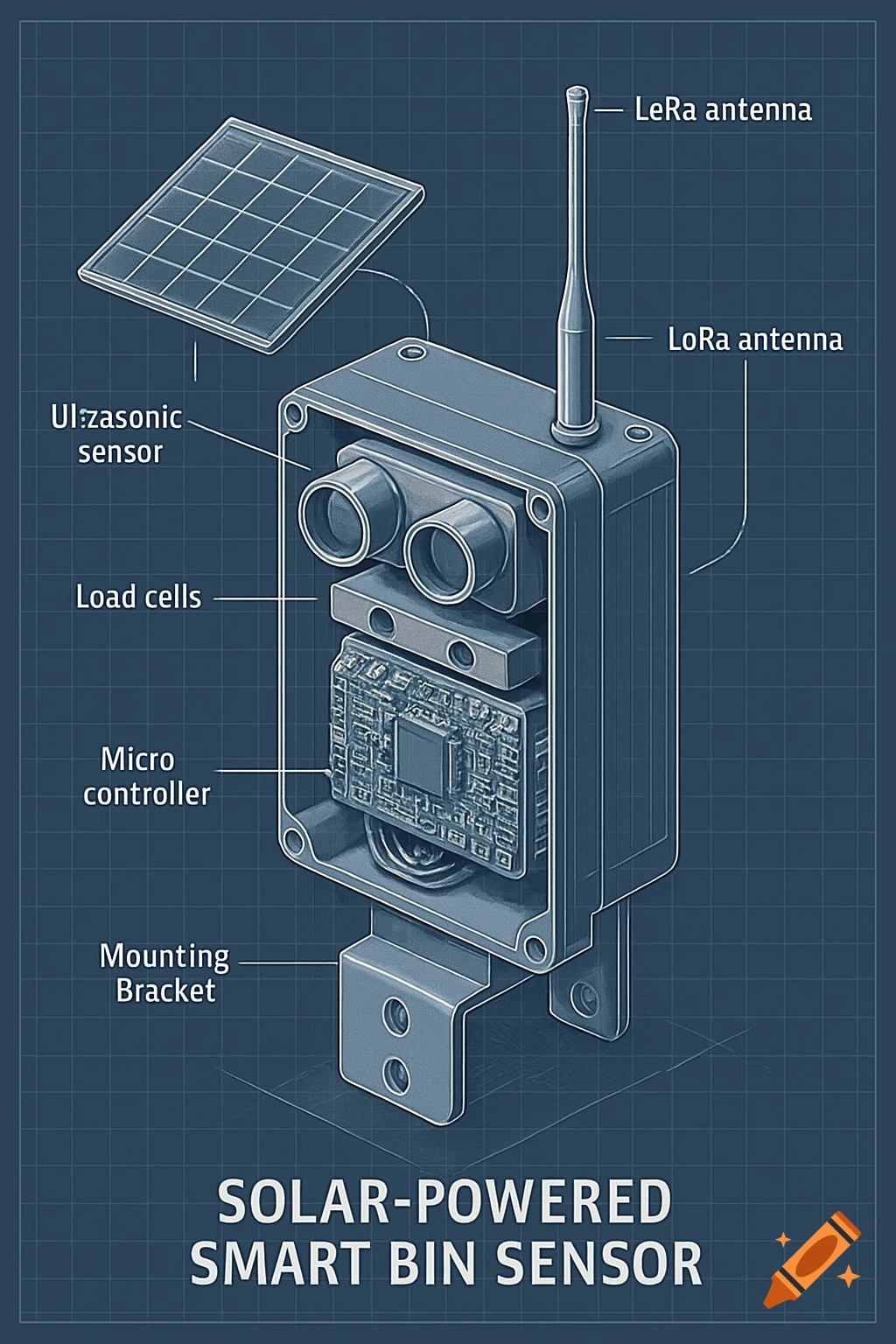 A technical schematic drawing of a solar-powered smart bin sensor, showing internal components like an ultrasonic sensor, load cells, microcontroller, antennas, and mounting bracket on a blue grid background.