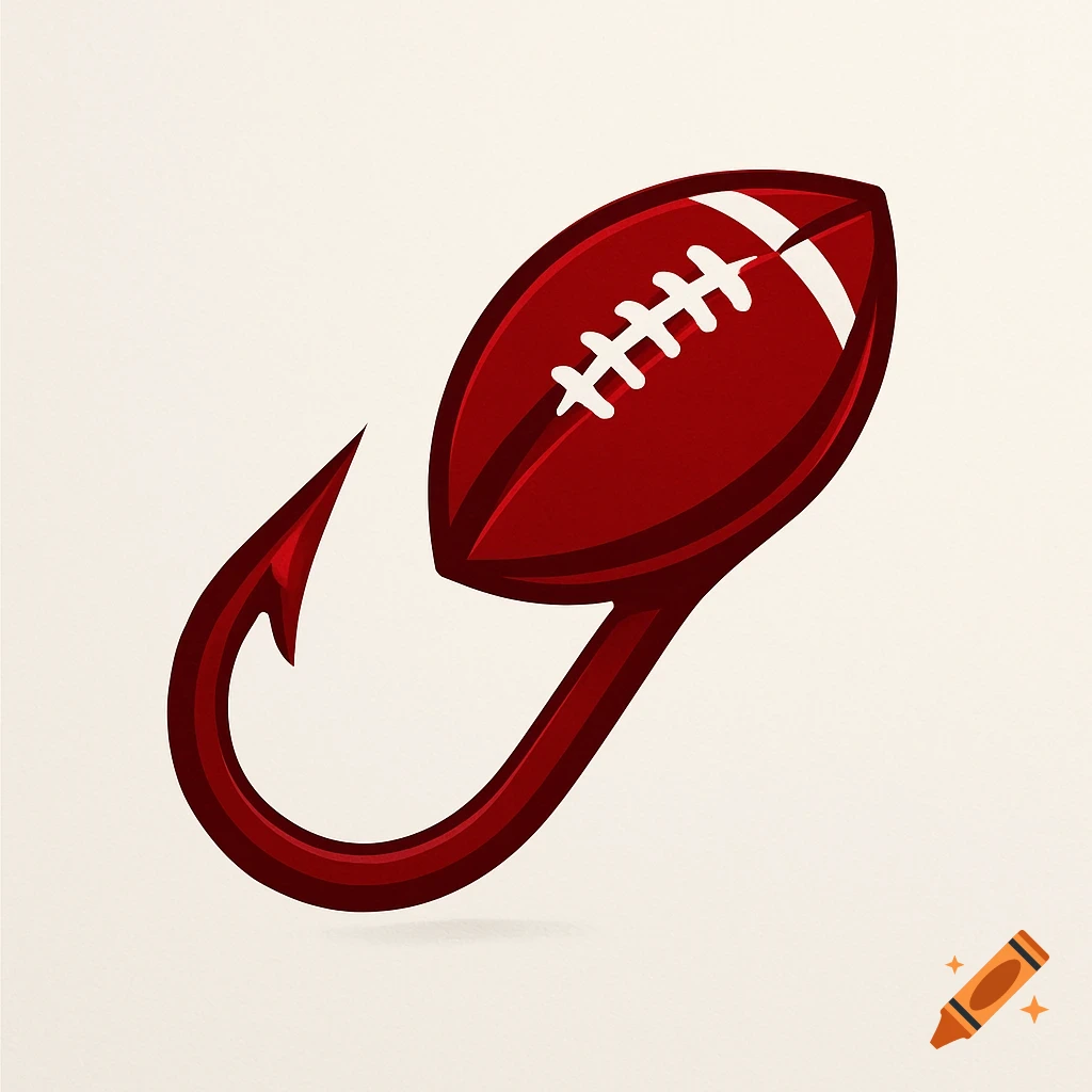 A red fishing hook stylized as a football logo on a light background.