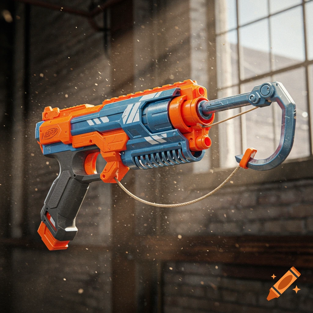 A close-up, photorealistic shot of an orange and blue Nerf blaster with a grappling hook attachment, floating in a dusty room.