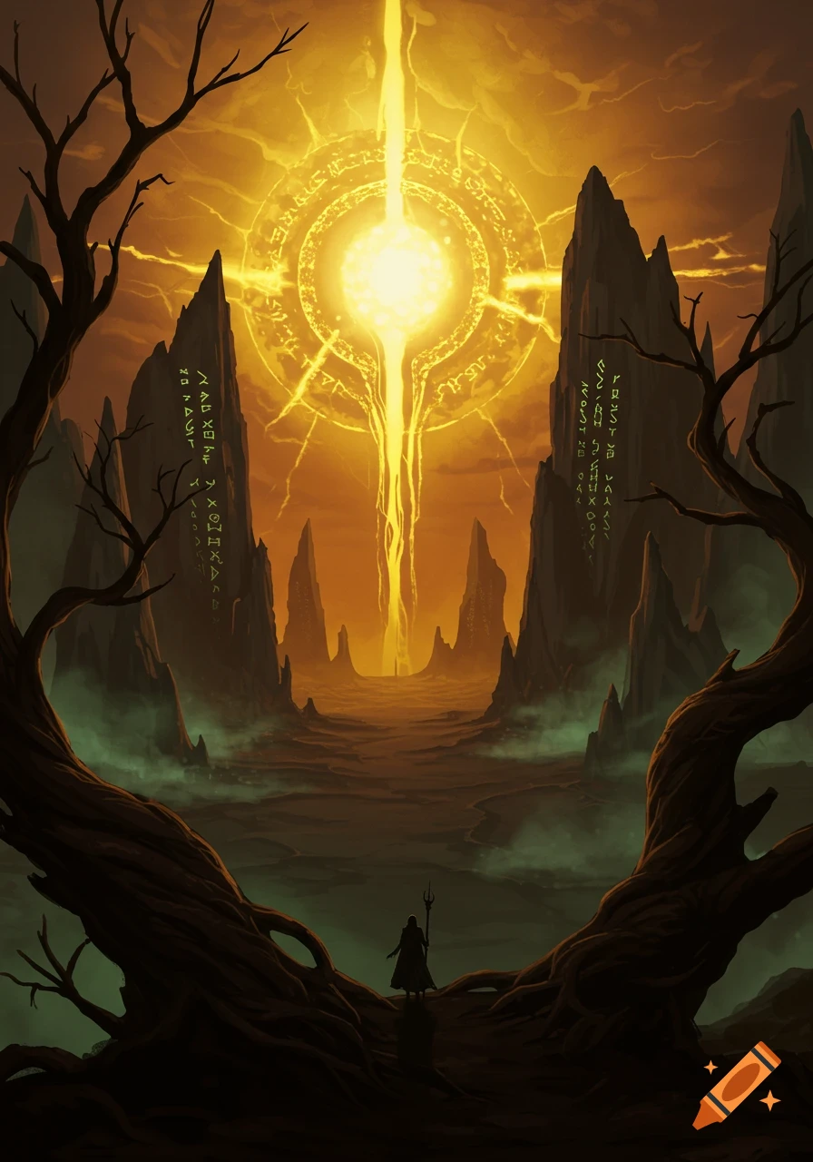 A dark fantasy landscape features a lone figure before a towering golden light emanating from an ancient glowing symbol. Barren trees frame jagged peaks with glowing runes under an orange sky.