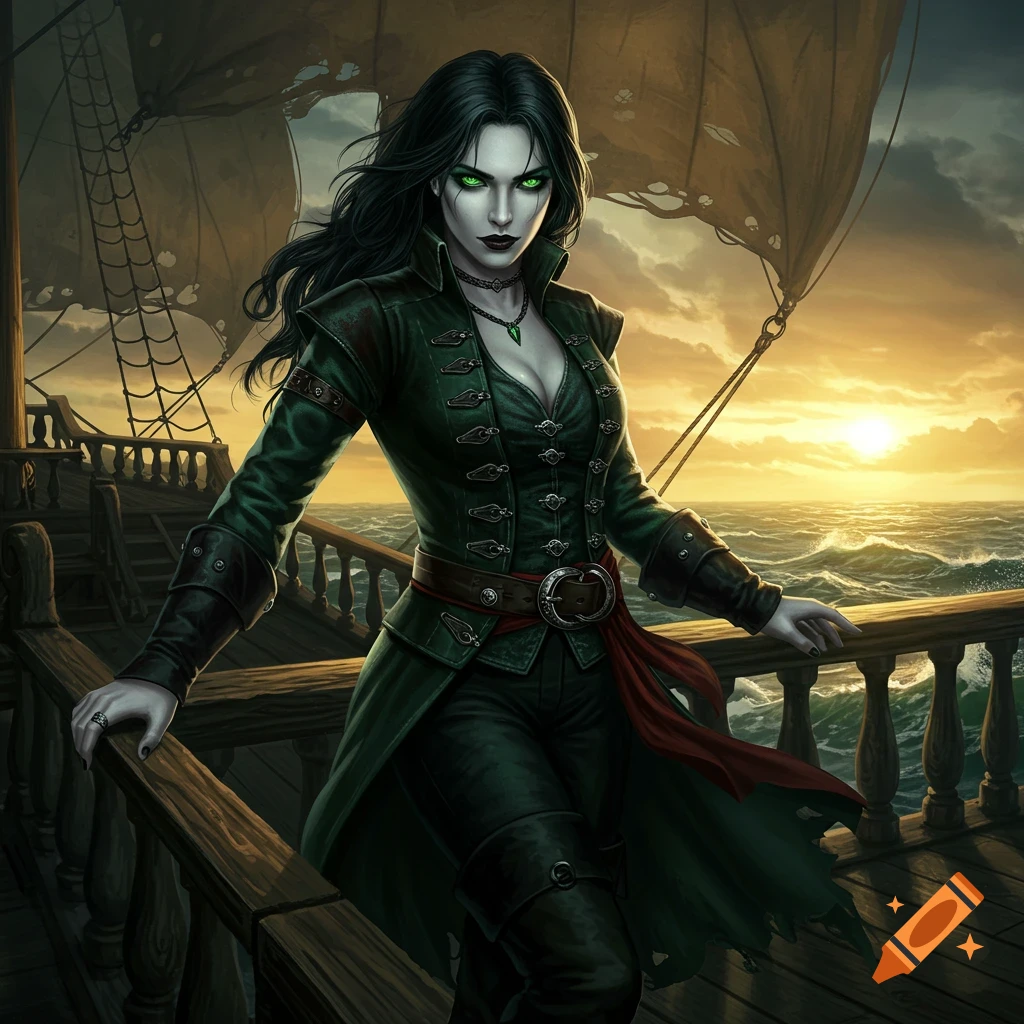 Digital art of a pale pirate queen with dark hair and glowing green eyes, wearing a dark green coat and red sash, standing on a ship deck at sunset.
