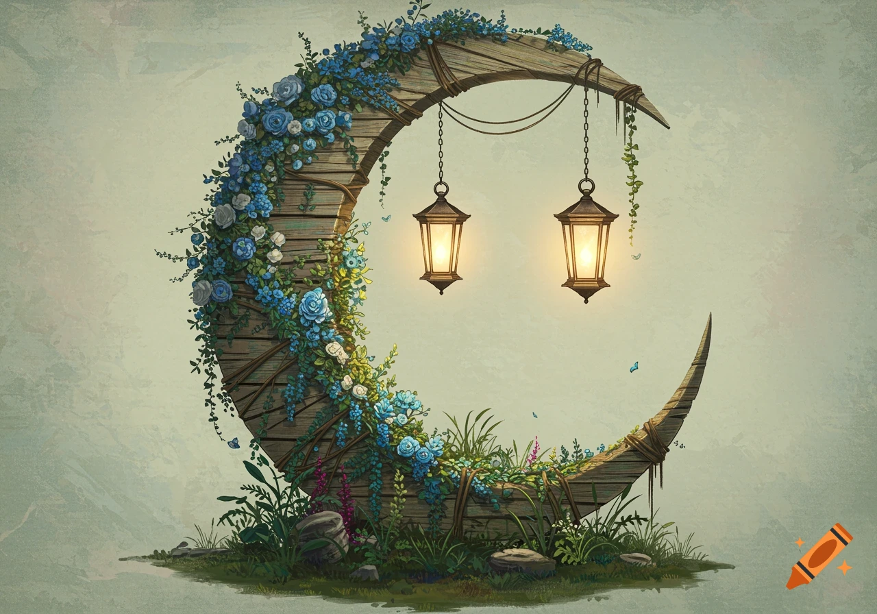 Whimsical wooden crescent moon adorned with blue flowers and vines, with two glowing lanterns and foliage at its base.