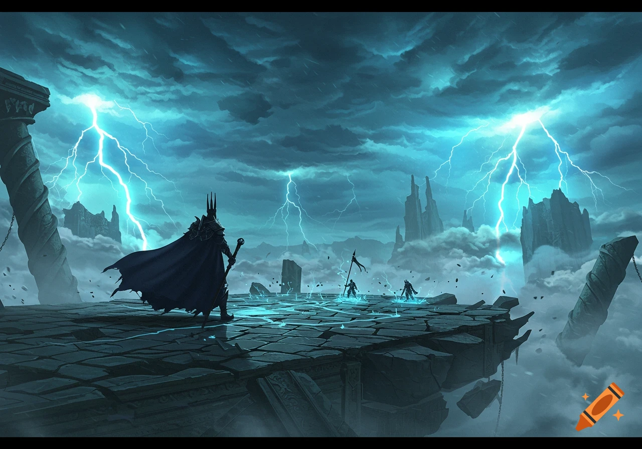 A dark figure in a crown and cape stands on a stone platform with other figures, under a stormy sky with bright lightning.