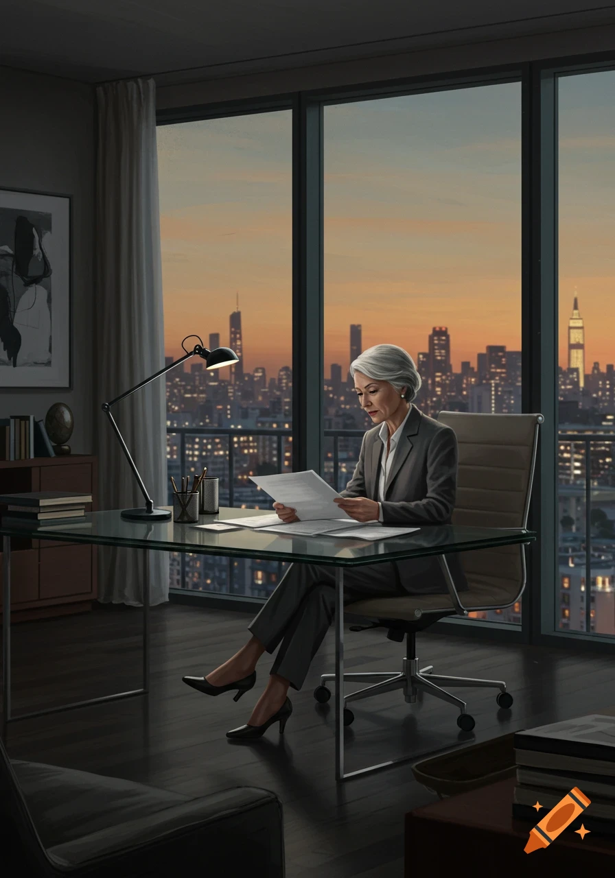 Older woman in a suit reads documents at a glass desk in a modern office, overlooking a city skyline at sunset.