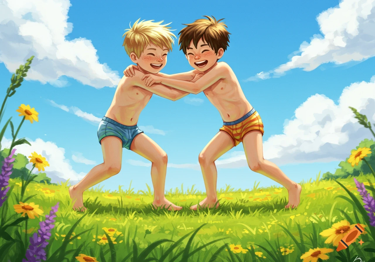 Two smiling boys in undershorts wrestling in a sunny green field with flowers, illustrative style.