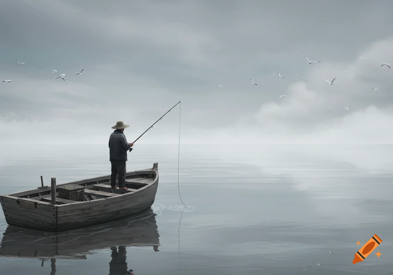 A man in a hat stands in a small wooden boat, fishing on a calm, misty gray sea under a cloudy sky with seagulls flying above.
