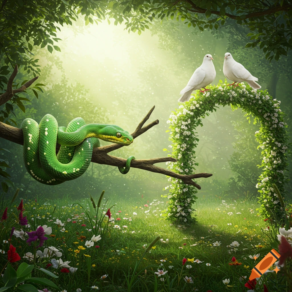 A vibrant green snake coiled on a tree branch observes two white doves perched on a lush, white-flowered arch in a sunlit forest clearing.