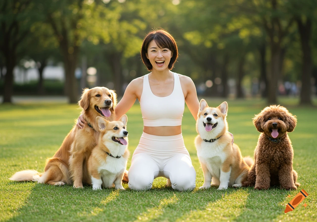 A smiling woman kneels in a sunny park with a Golden Retriever, two Corgis, and a brown Poodle.