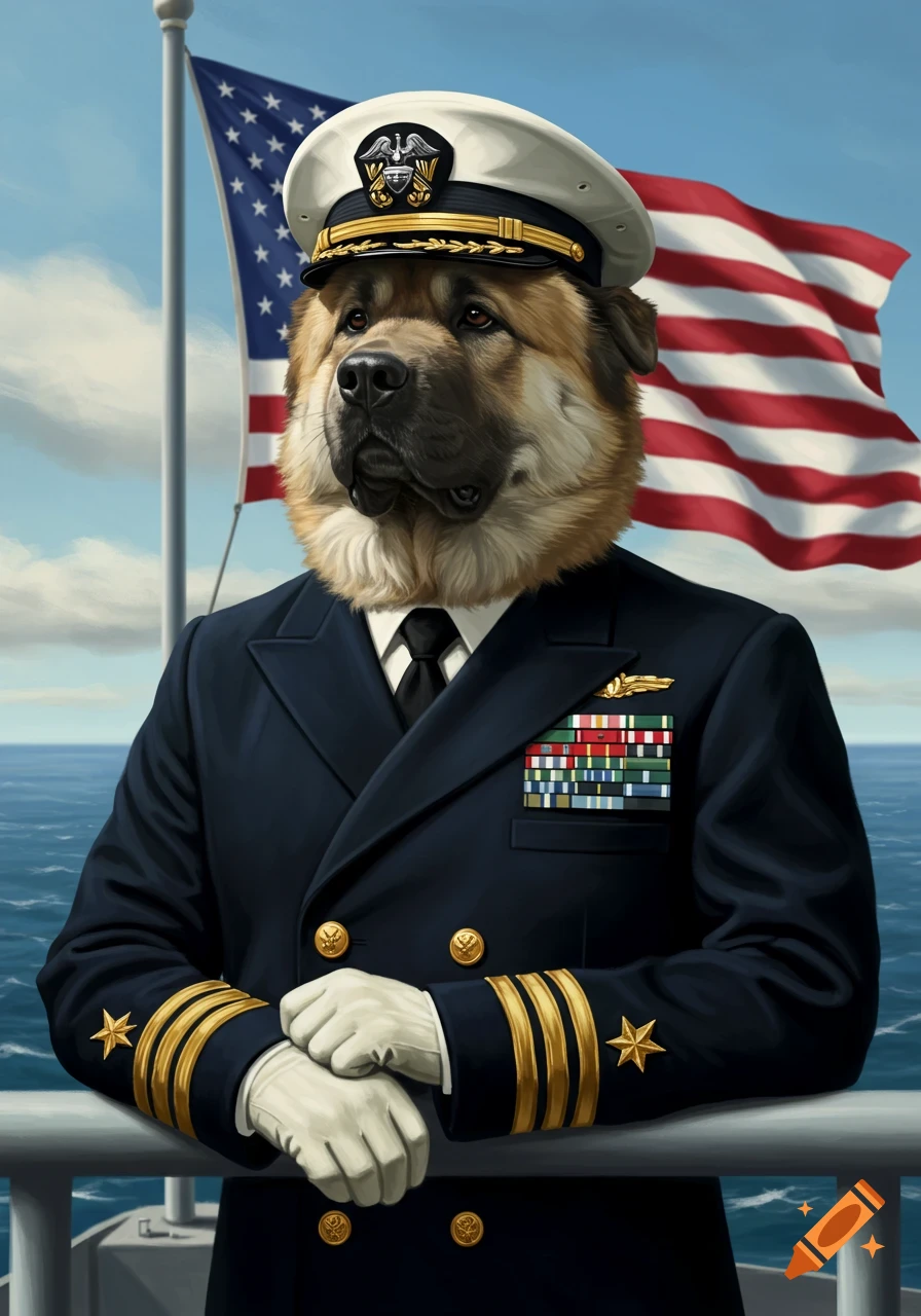 Photorealistic image of a Chow Mastiff mix dog in a US Navy officer's uniform on a ship deck with the American flag.