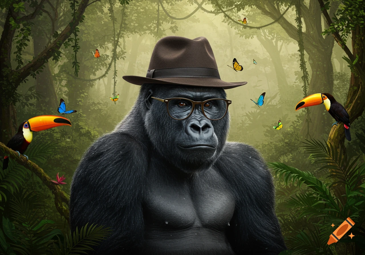 A wise-looking gorilla wearing a hat and glasses stands in a vibrant jungle surrounded by toucans and butterflies.