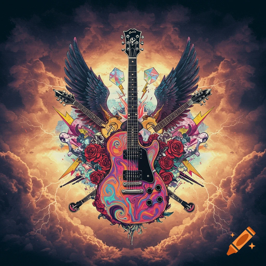 A vibrant psychedelic guitar with wings, roses, and lightning bolts on a dark stormy sky background, in a rock album cover style.