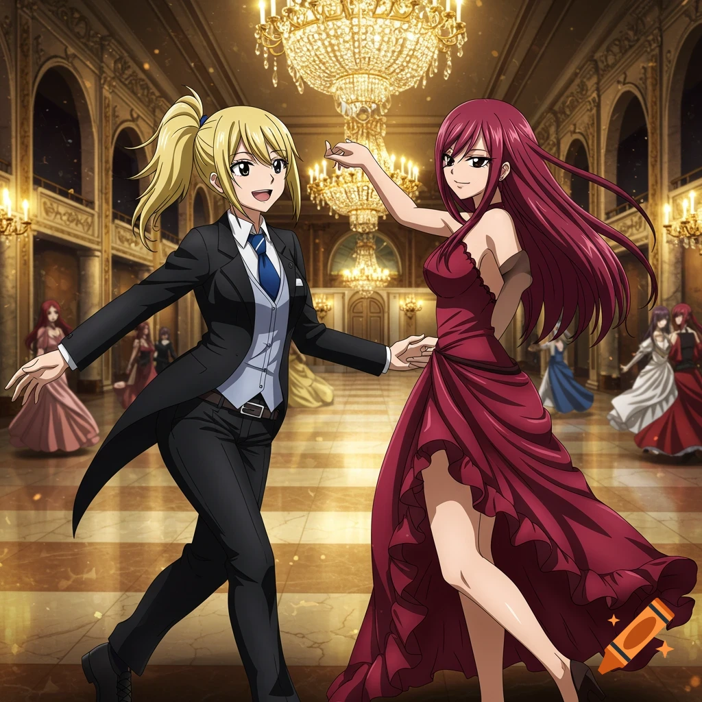 Blonde Lucy in a black suit dances with red-haired Erza in a red dress in a grand anime ballroom.