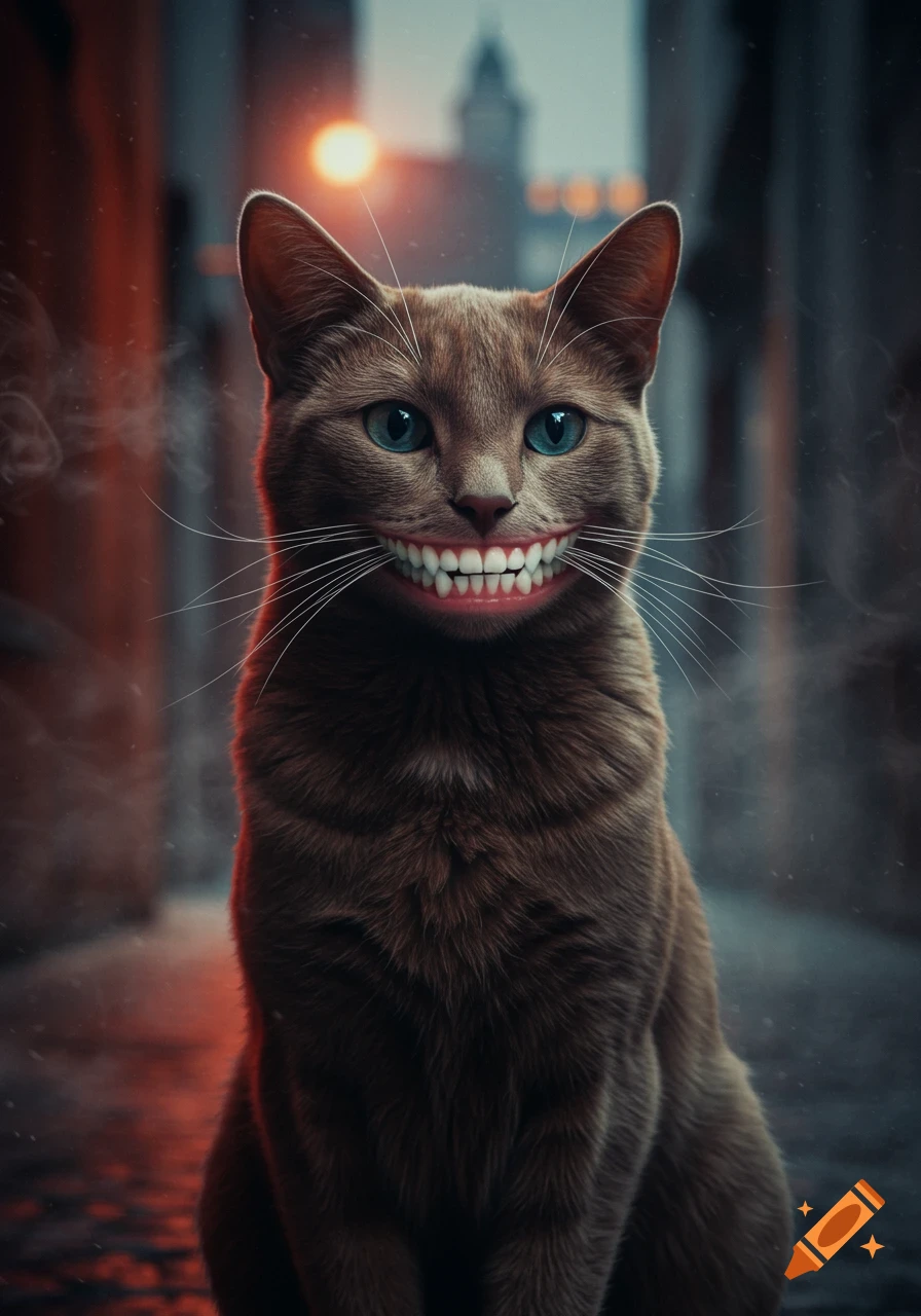 A photorealistic brown cat with blue eyes and human teeth grins widely in a dark, moody urban alley.