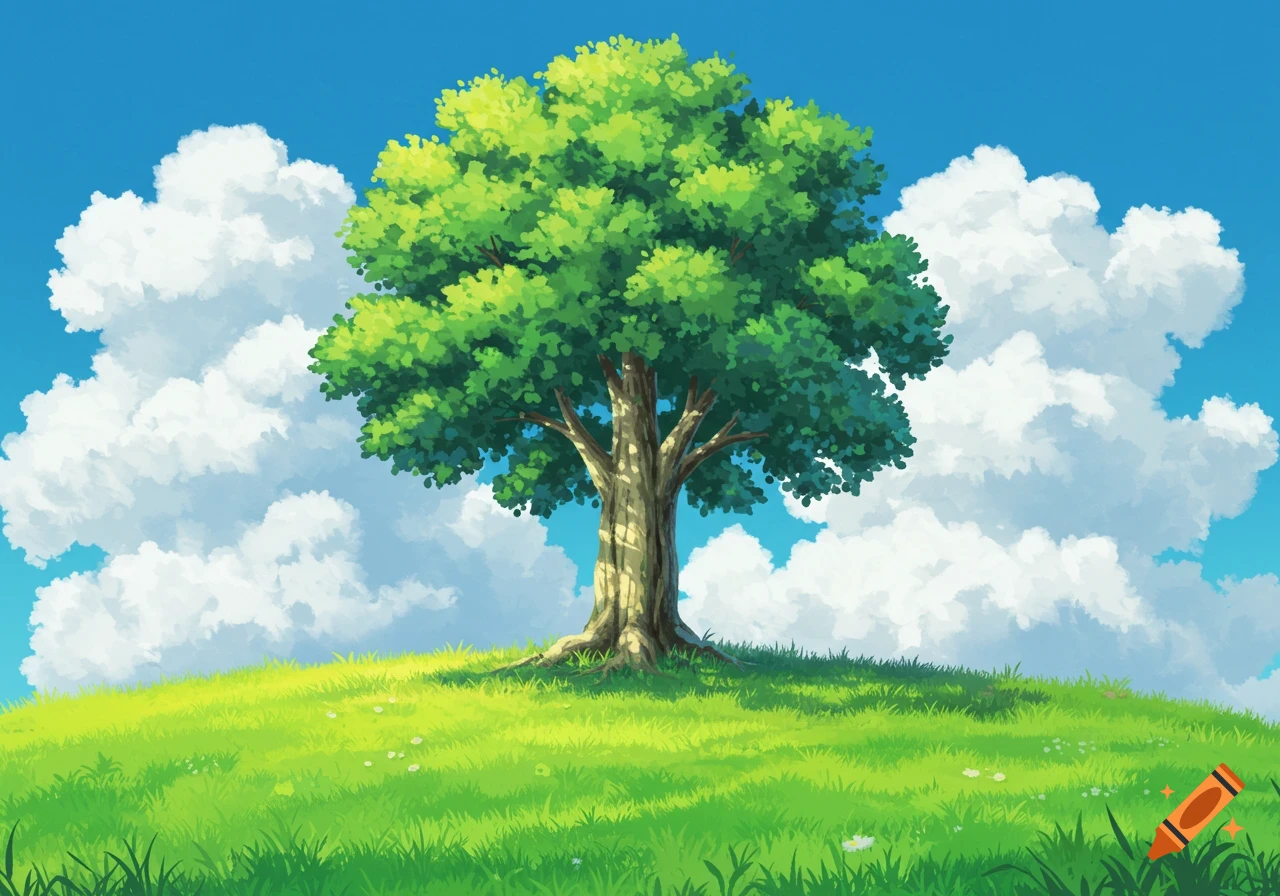 A single green tree stands on a grassy hill under a blue sky with white clouds, in a Studio Ghibli art style.