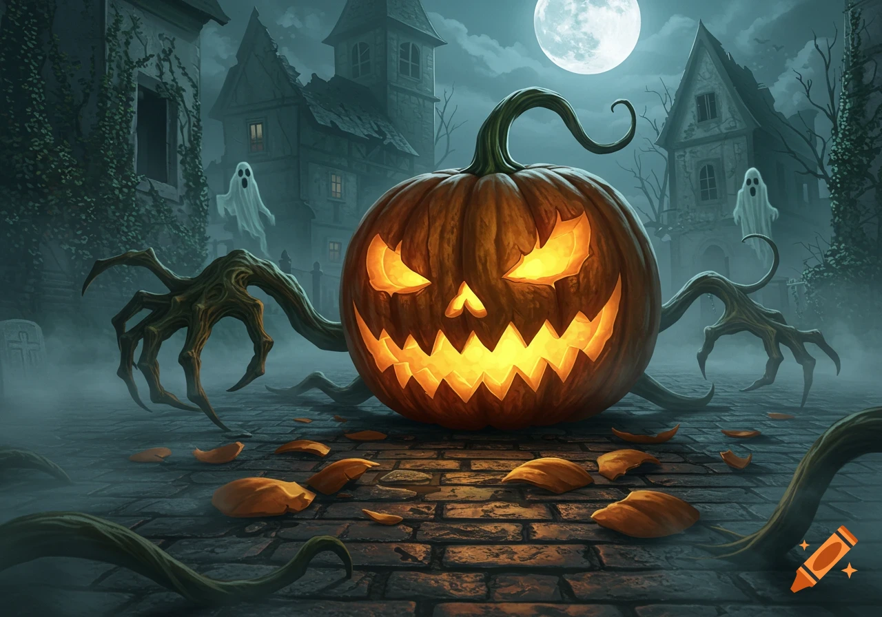 A spooky glowing jack-o'-lantern with root-like arms on a cobblestone street in a haunted village under a full moon.