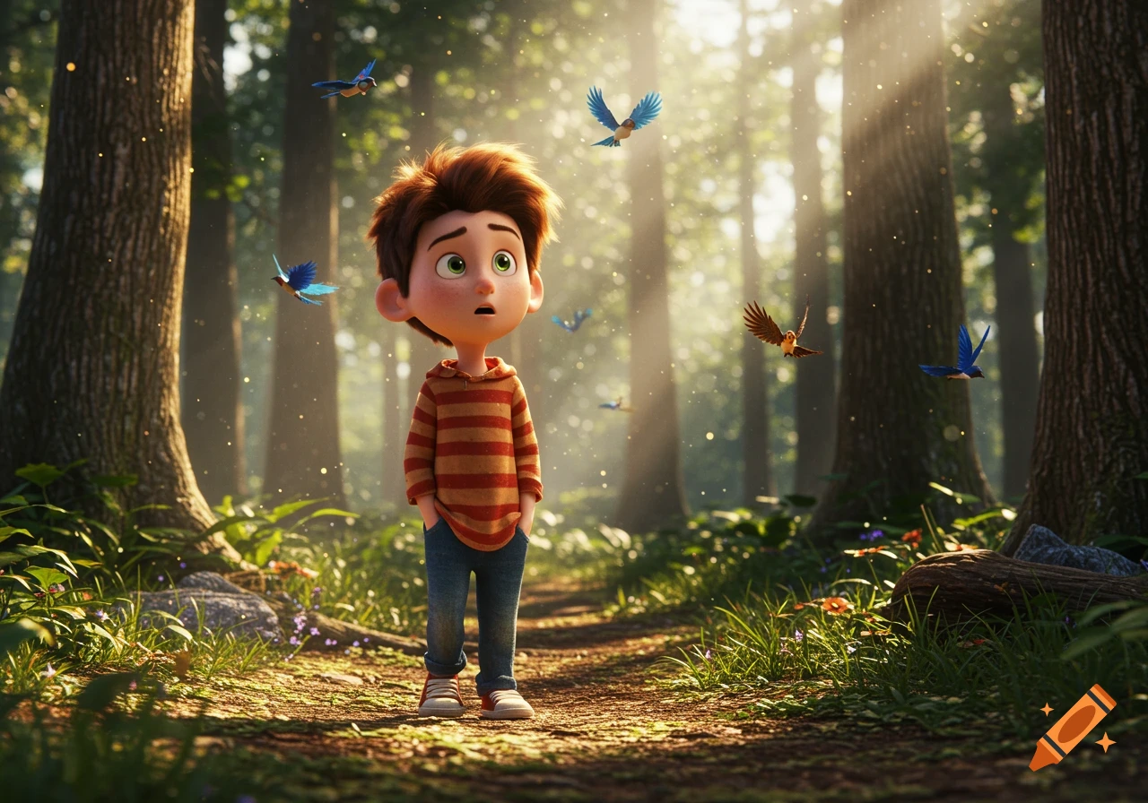 A cute cartoon boy with red hair stands in a bright, sunlit forest, hands in his pockets, surrounded by flying birds, in a Pixar style.