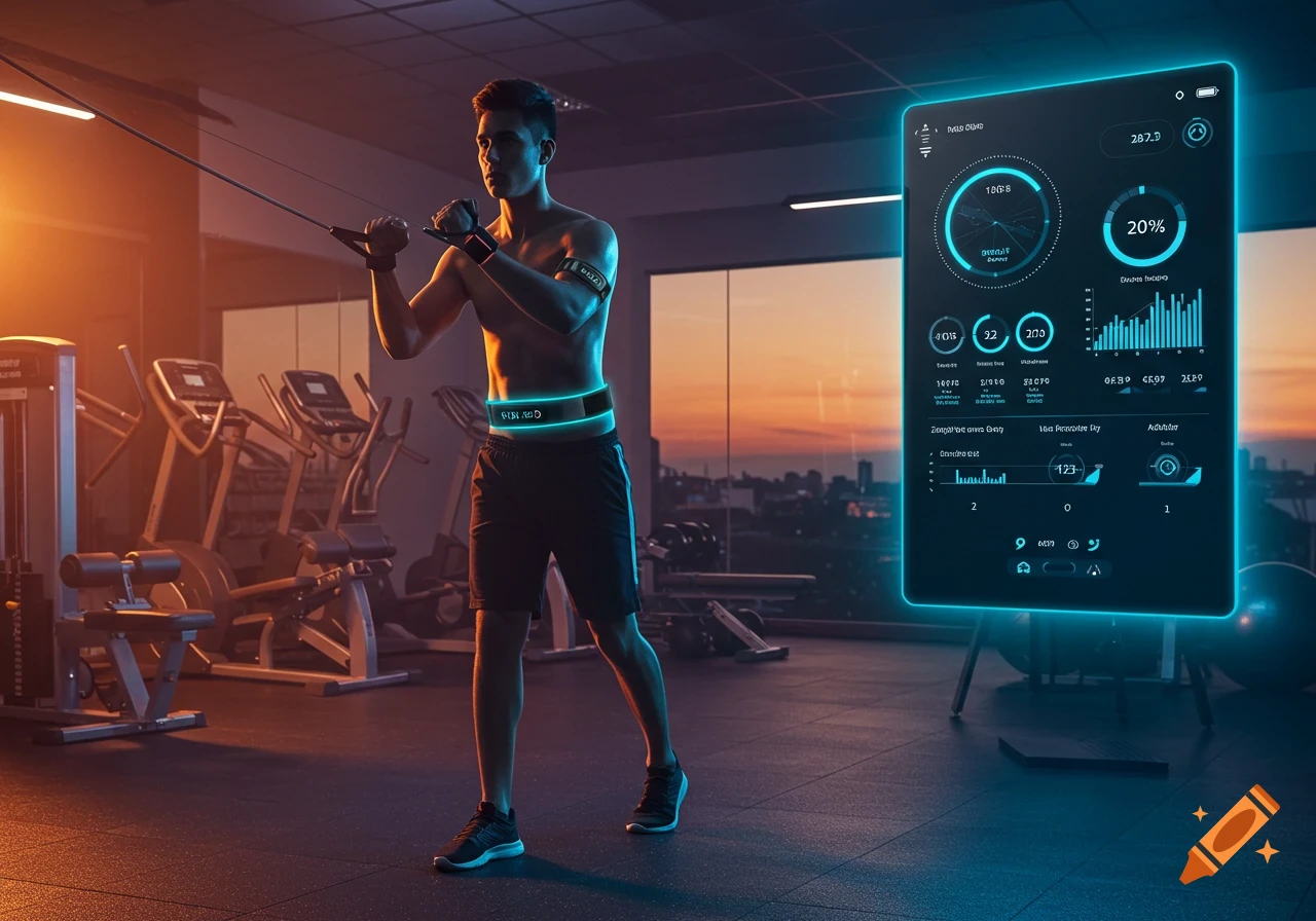 A man exercises with a resistance band in a gym, wearing a smart belt and standing near a glowing display of fitness data. Photorealistic.