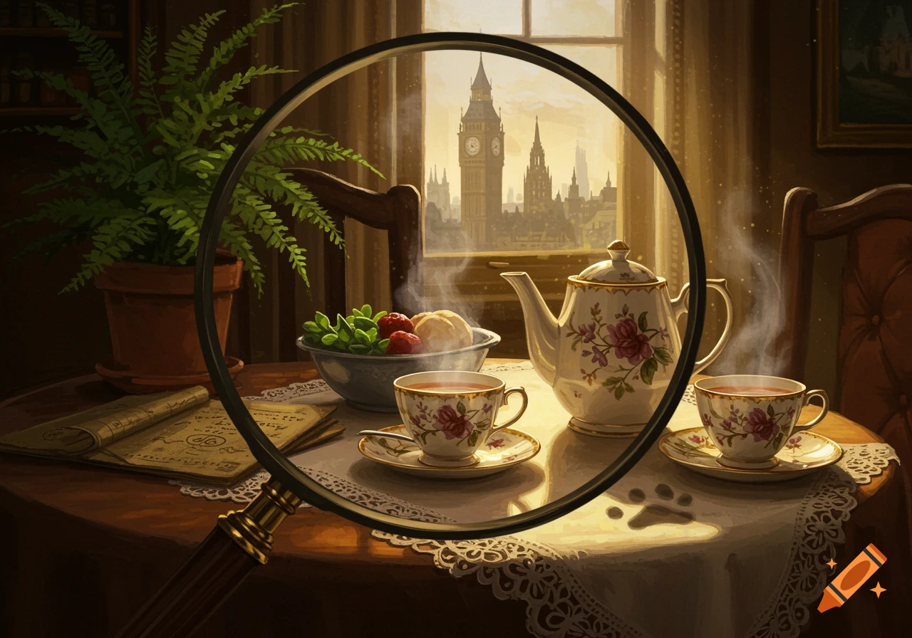A magnifying glass frames a cozy afternoon tea scene with a London skyline in the background. On the table are a teapot, teacups, fruit, a fern, and an open ledger. A paw print is visible on the tablecloth.