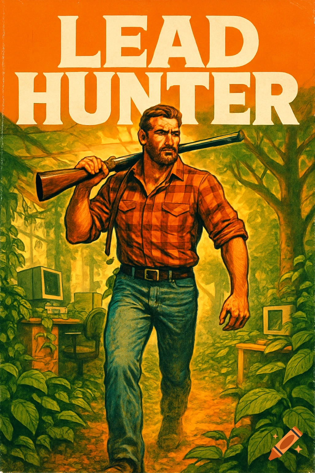 Pulp art style 1990s magazine cover titled 'LEAD HUNTER' featuring a bearded man with a shotgun walking through an overgrown office-forest.