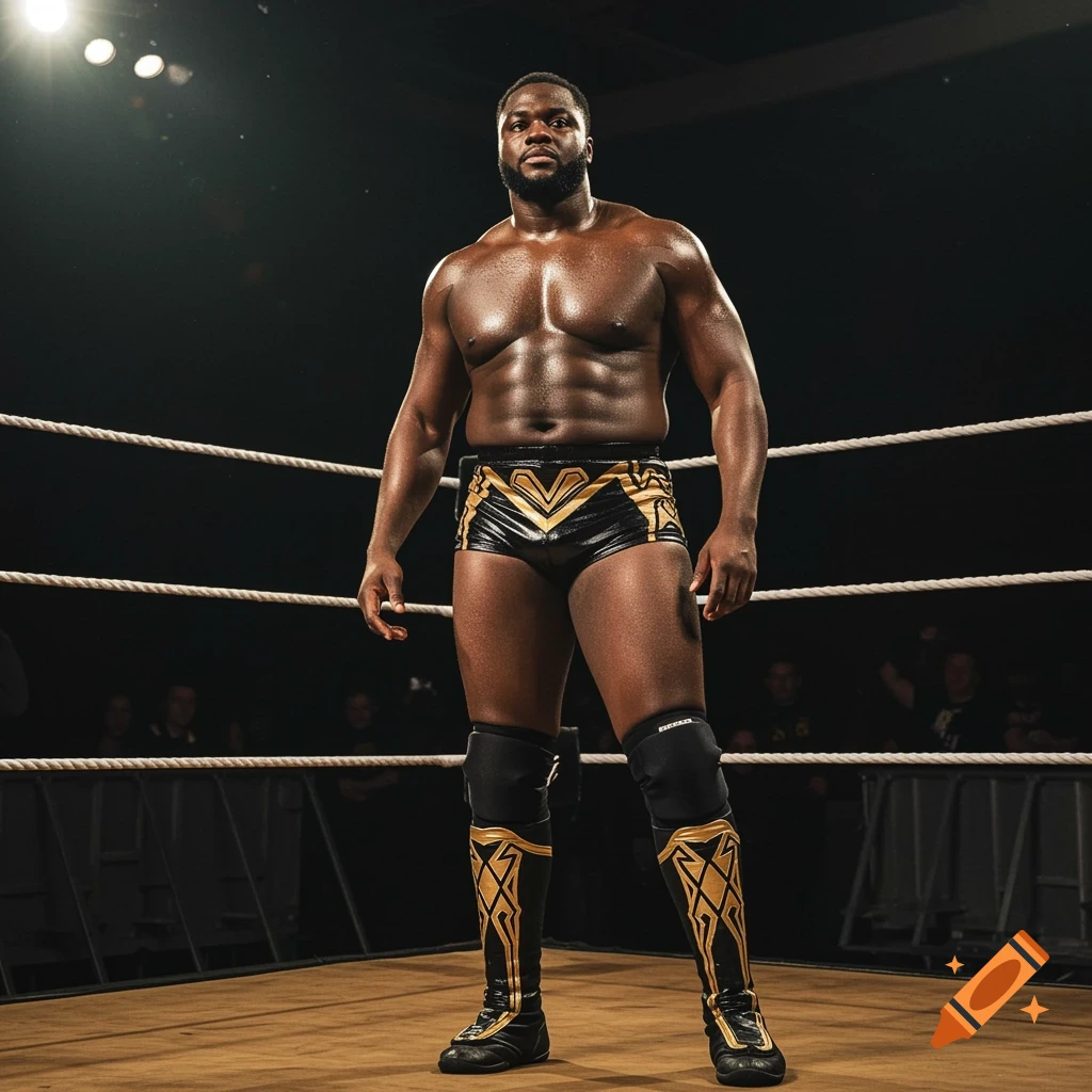 A muscular Black man wearing black and gold wrestling shorts and knee pads stands in a wrestling ring.