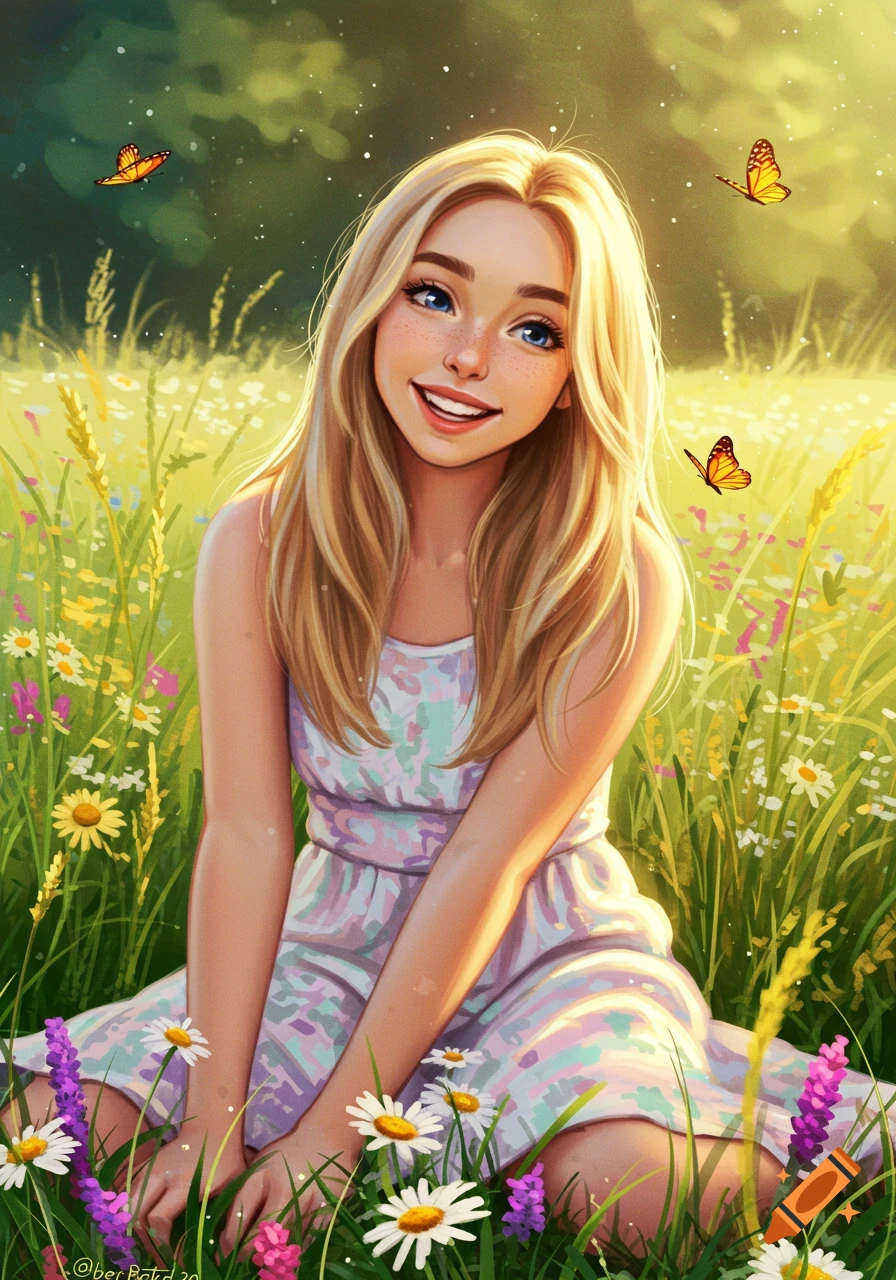 Vibrant digital art illustration of a smiling blonde girl sitting in a sunny meadow with colorful flowers and butterflies.