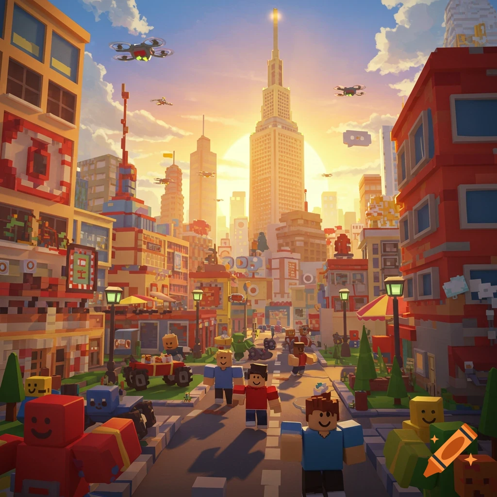 A block-art style cityscape at sunset, with blocky characters resembling Roblox avatars, colorful buildings, and drones in the sky.