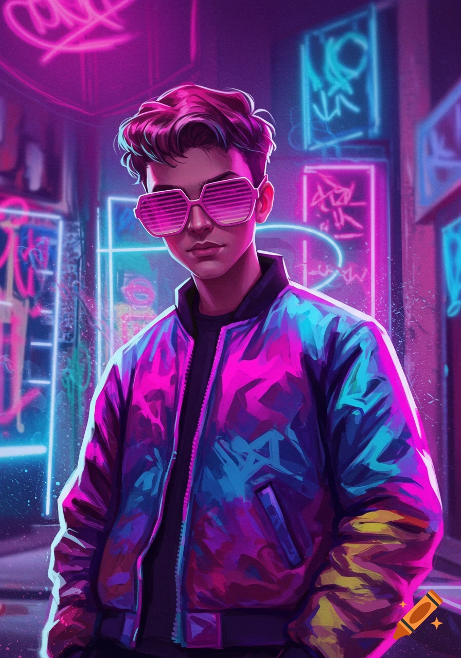 A stylish person wearing pink shutter shades and a vibrant, multicolored jacket stands in a neon-lit cyberpunk city.