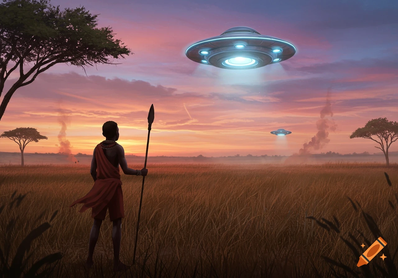A young African tribesman stands in tall grass at sunset, watching a large UFO hover overhead with a smaller one in the distance. Digital painting.