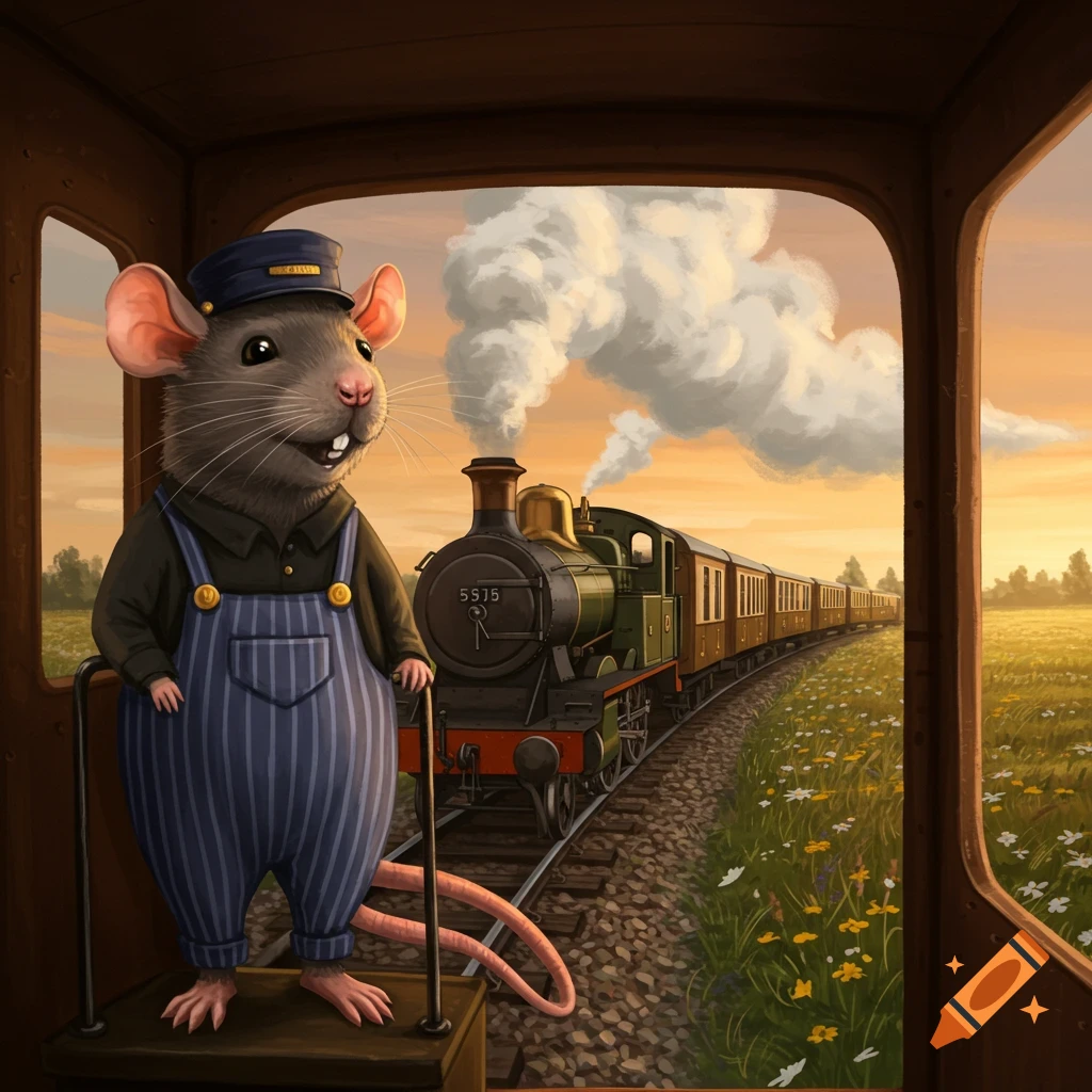 A cartoon rat wearing a conductor's hat and striped overalls stands inside a train, looking out at a passing steam train in a scenic field at sunset.