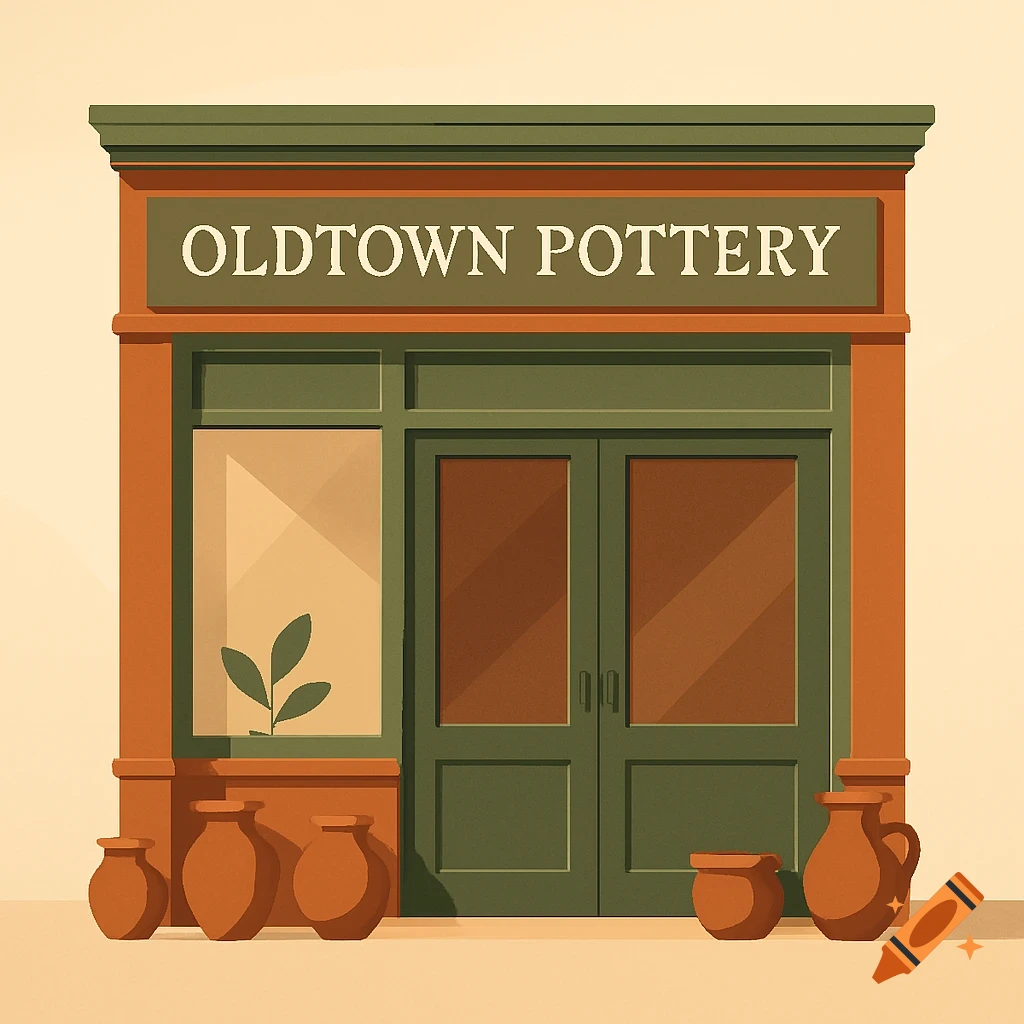Stylized illustration of 'OLDTOWN POTTERY' storefront with green doors, brown facade, and pottery pieces outside.
