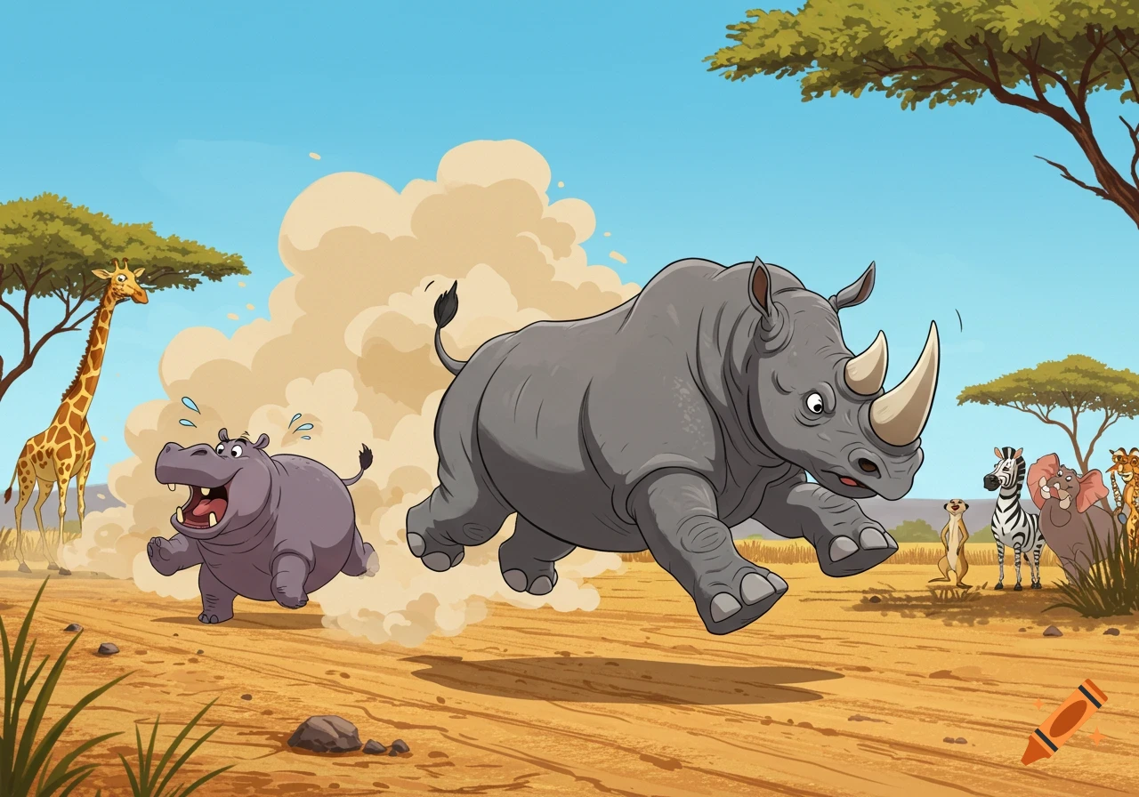 A cartoon rhinoceros runs across a dusty savanna, kicking up dirt, followed by a wide-eyed hippo. A giraffe, zebra, elephant, and meerkat watch from the background.