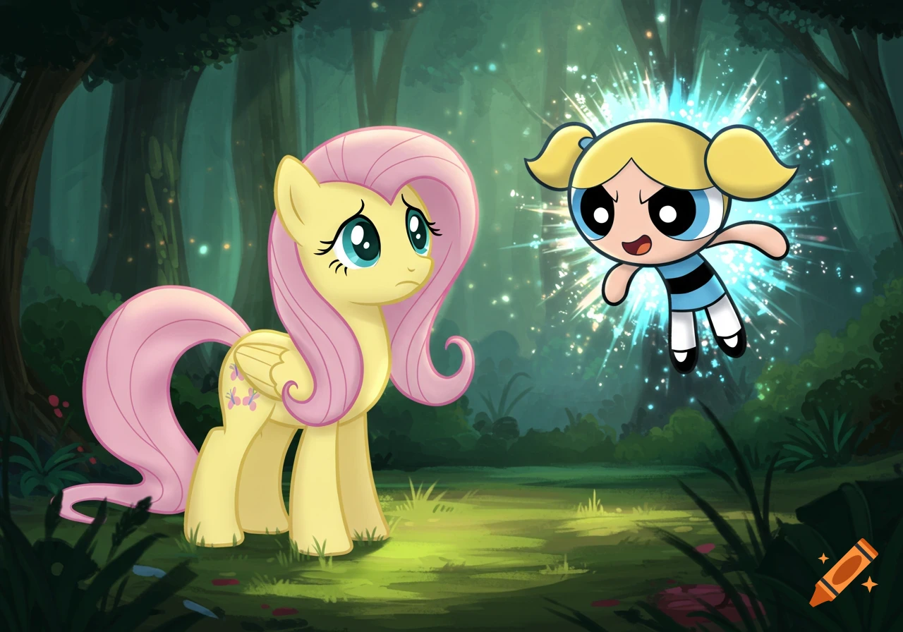 Fluttershy from My Little Pony looks on as Bubbles from Powerpuff Girls flies towards her in a magical forest.