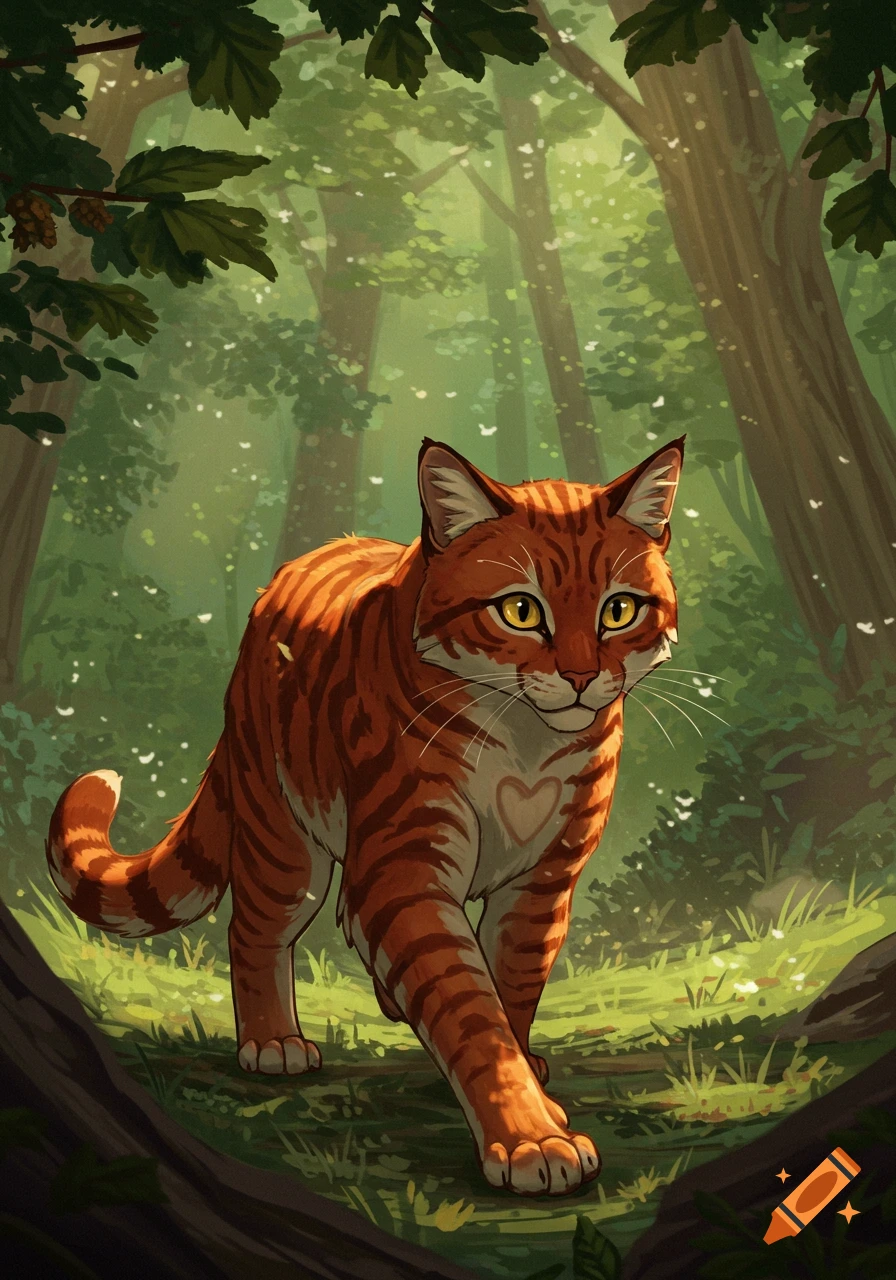 An orange tabby cat with a pale heart-shaped patch on its chest walks through a sunlit green forest. Illustrated.