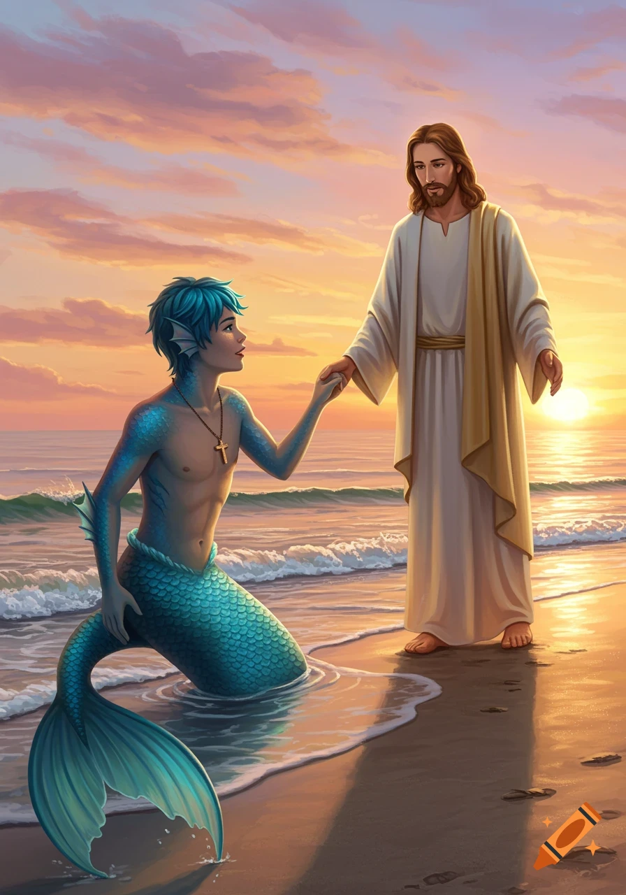 A mermaid boy with a cross necklace holds hands with Jesus Christ on a beach at sunset.