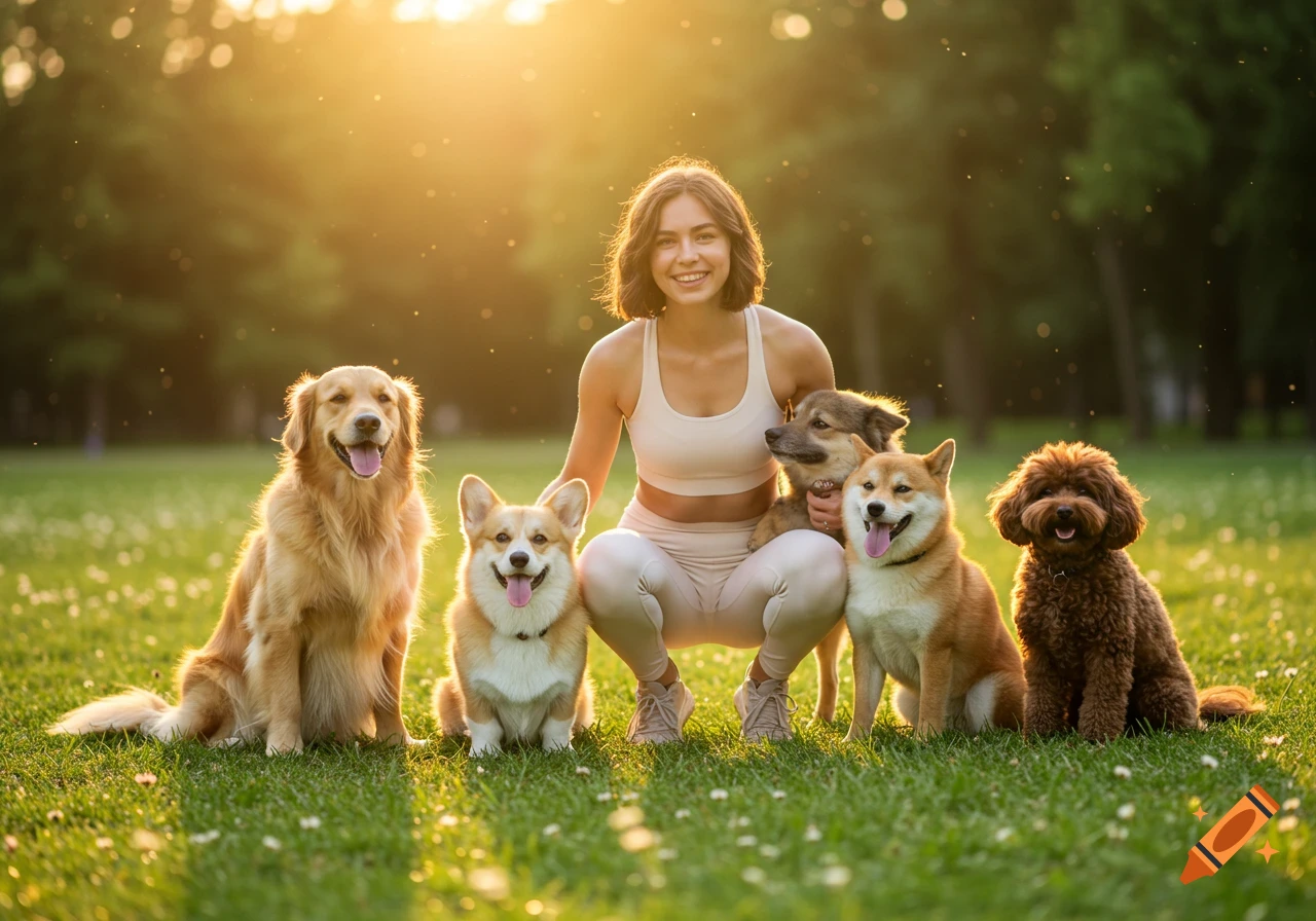 A smiling woman squats in a park with five happy dogs (Golden Retriever, Corgi, Shiba Inu, mixed-breed, poodle-like) around her at sunset. Photorealistic.