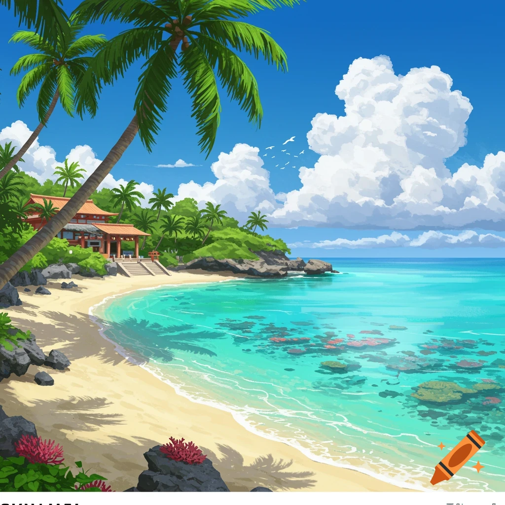 Anime style illustration of a vibrant tropical beach with a traditional Japanese building, palm trees, and clear turquoise water under a blue sky.