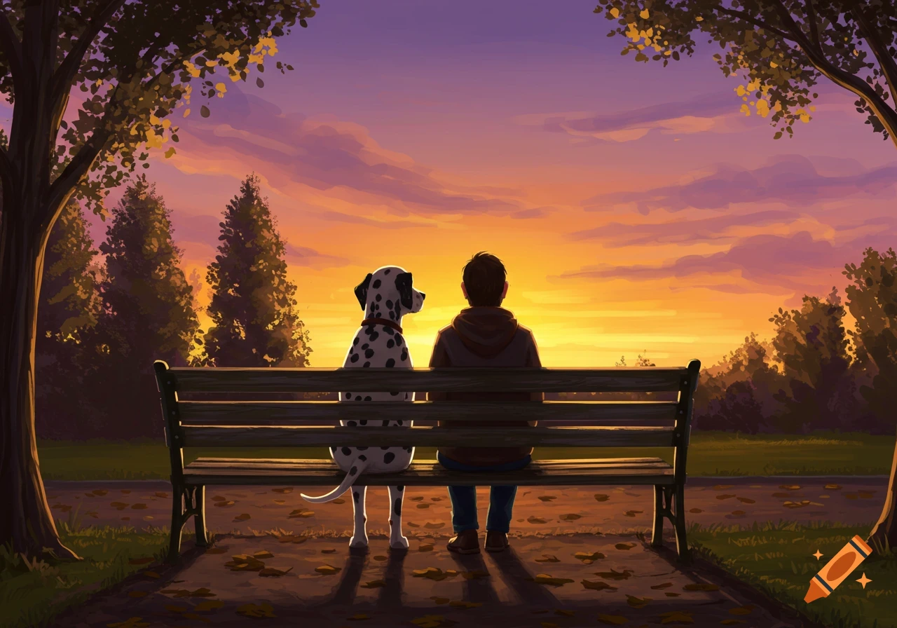 A person and a Dalmatian dog sit side-by-side on a park bench, looking at a vibrant sunset over trees.