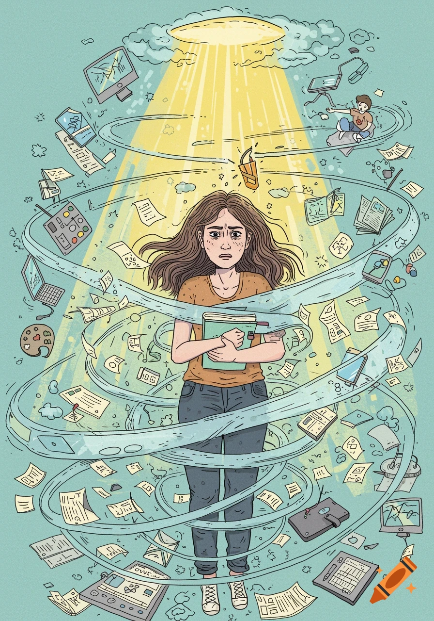 An illustration of a stressed woman holding a book, surrounded by a whirlwind of work-related items like papers, laptops, and monitors, under a beam of light from above.