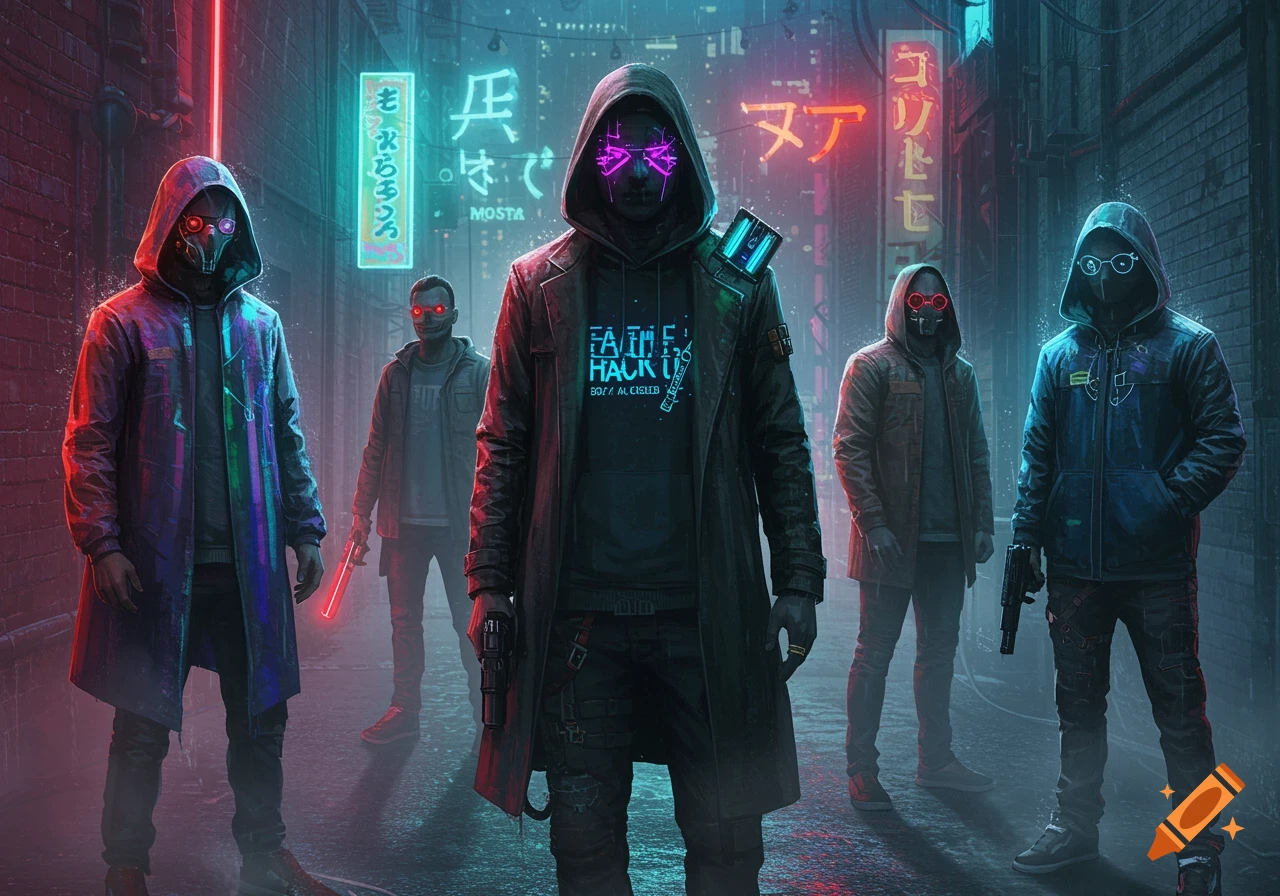 Five hooded figures with glowing eyes and masks stand in a neon-lit cyberpunk alley, holding weapons.