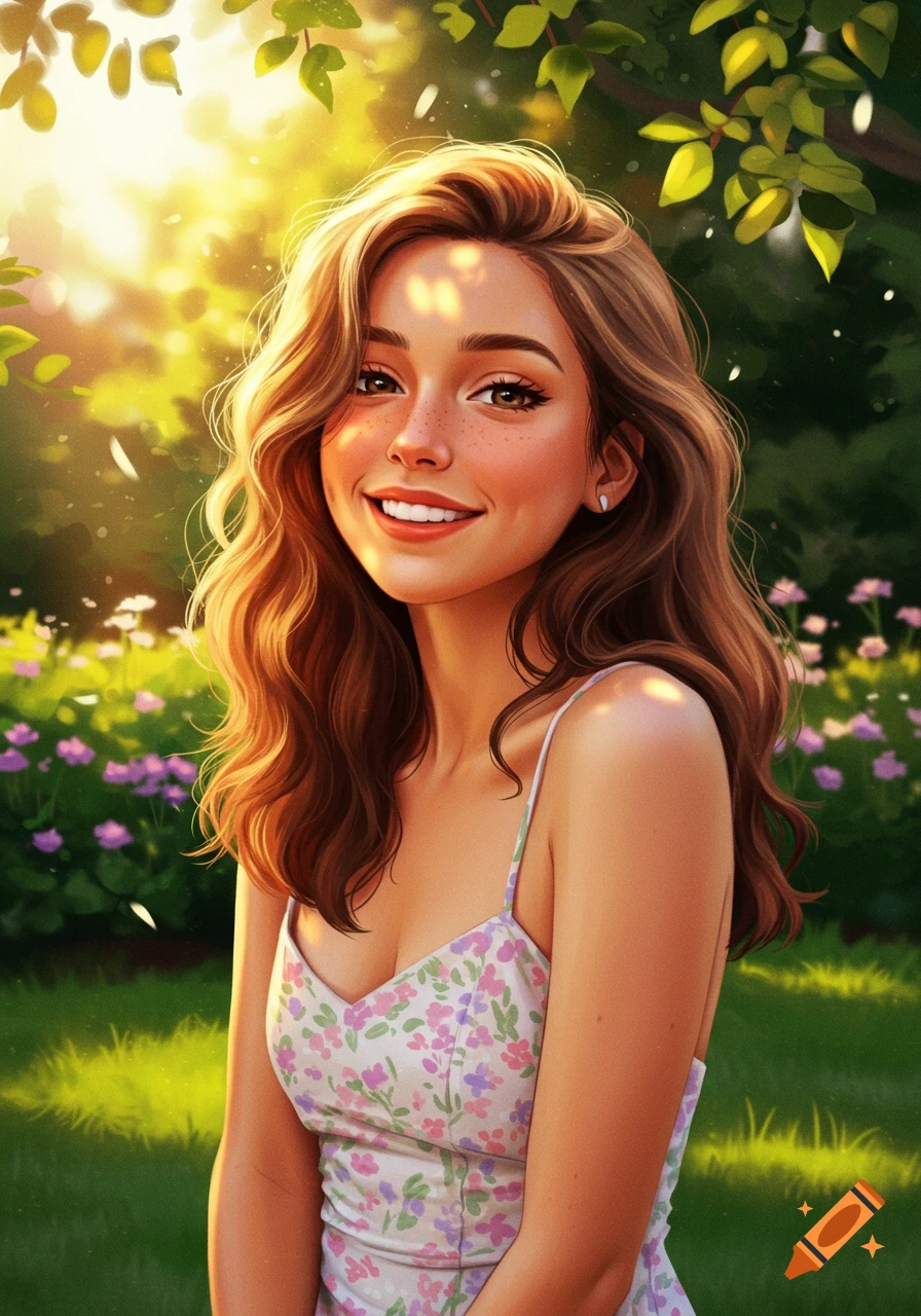 Illustrated portrait of a smiling young woman with long brown hair and freckles in a floral dress, in a sunny garden.