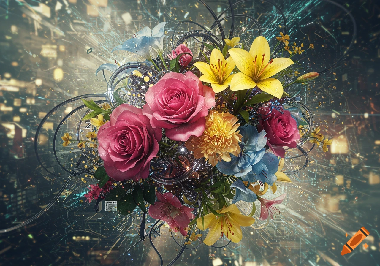 A vibrant bouquet of pink roses, yellow lilies, and blue flowers, with dark swirling wires and glowing circuit lines on an abstract, futuristic background.