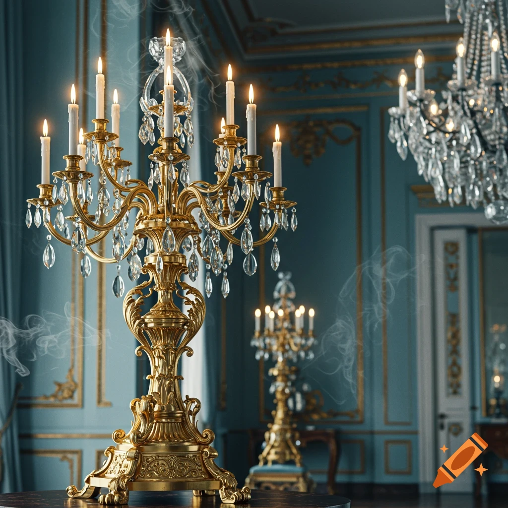 Photorealistic image of a grand golden candelabra with lit candles and rising smoke in an ornate blue and gold room.