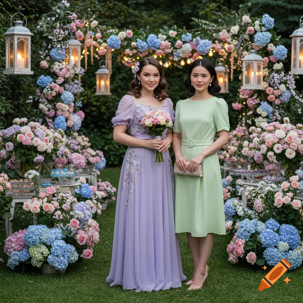 Two women in a lush twilight garden adorned with pastel flowers, fairy lights, and lanterns. One woman wears a lavender gown with floral embroidery and holds a bouquet, while the other wears a pastel green midi dress and holds a clutch.